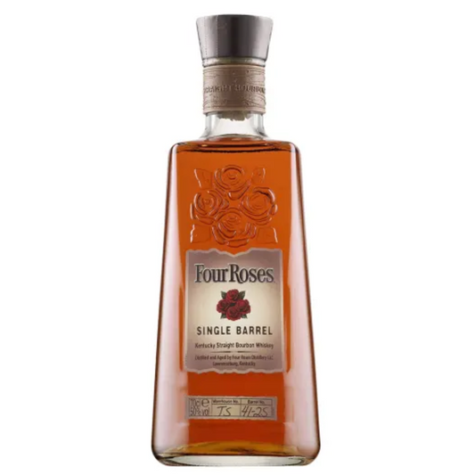 A bottle of Four Roses Single Barrel Kentucky Straight Bourbon Whiskey on the white background.
