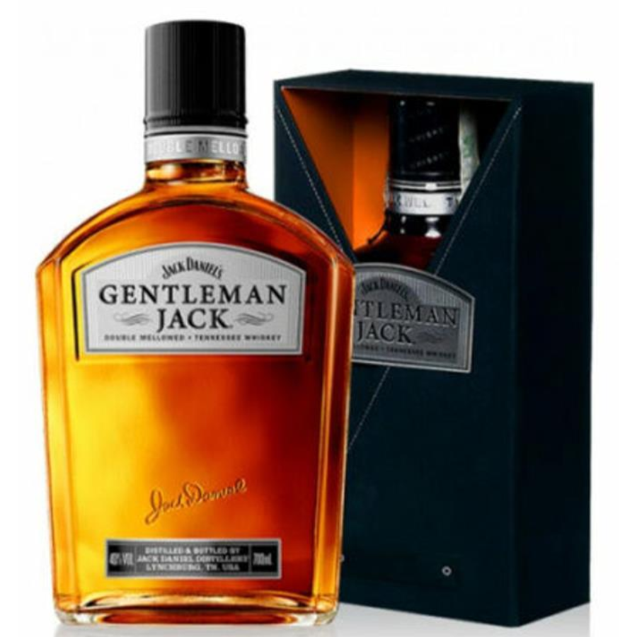 Jack Daniel's Gentleman Jack whiskey bottle and packaging on a white background