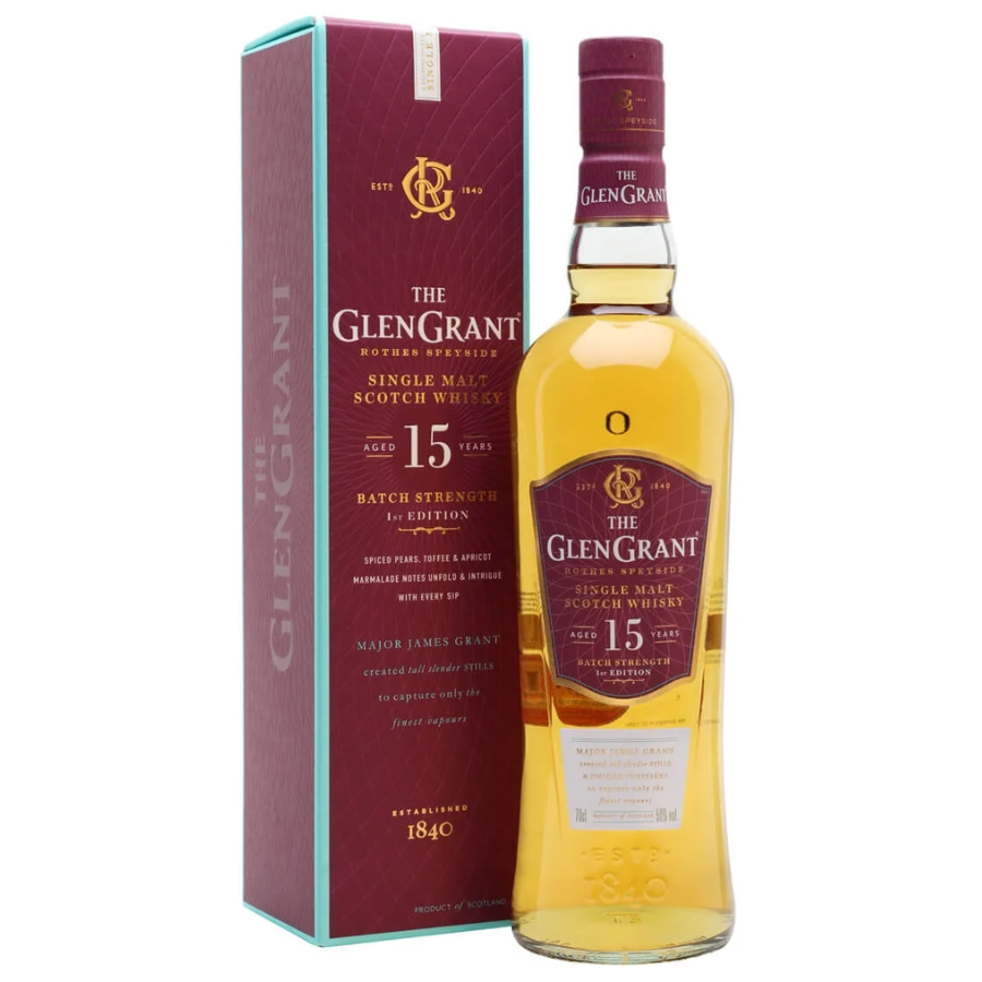 Glen Grant 15yo batch strength bottle and box on a white background