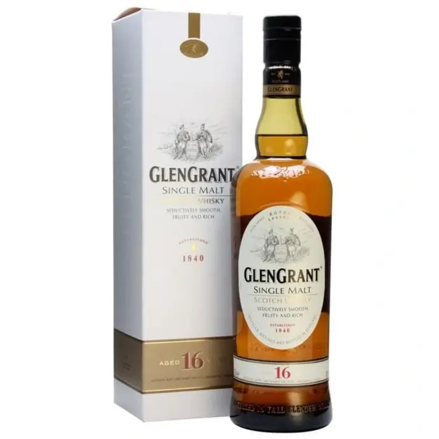 Glen Grant single malt whisky bottle and box on a white background