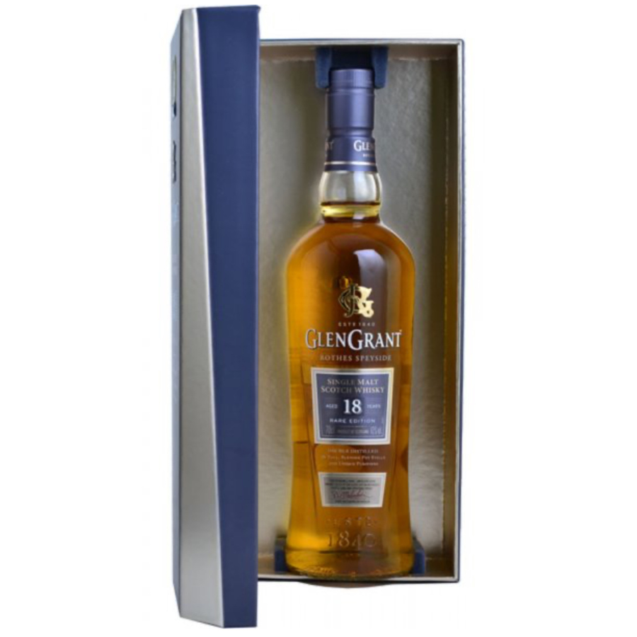 Glen Grant 18 yo whisky bottle in a box on a white background
