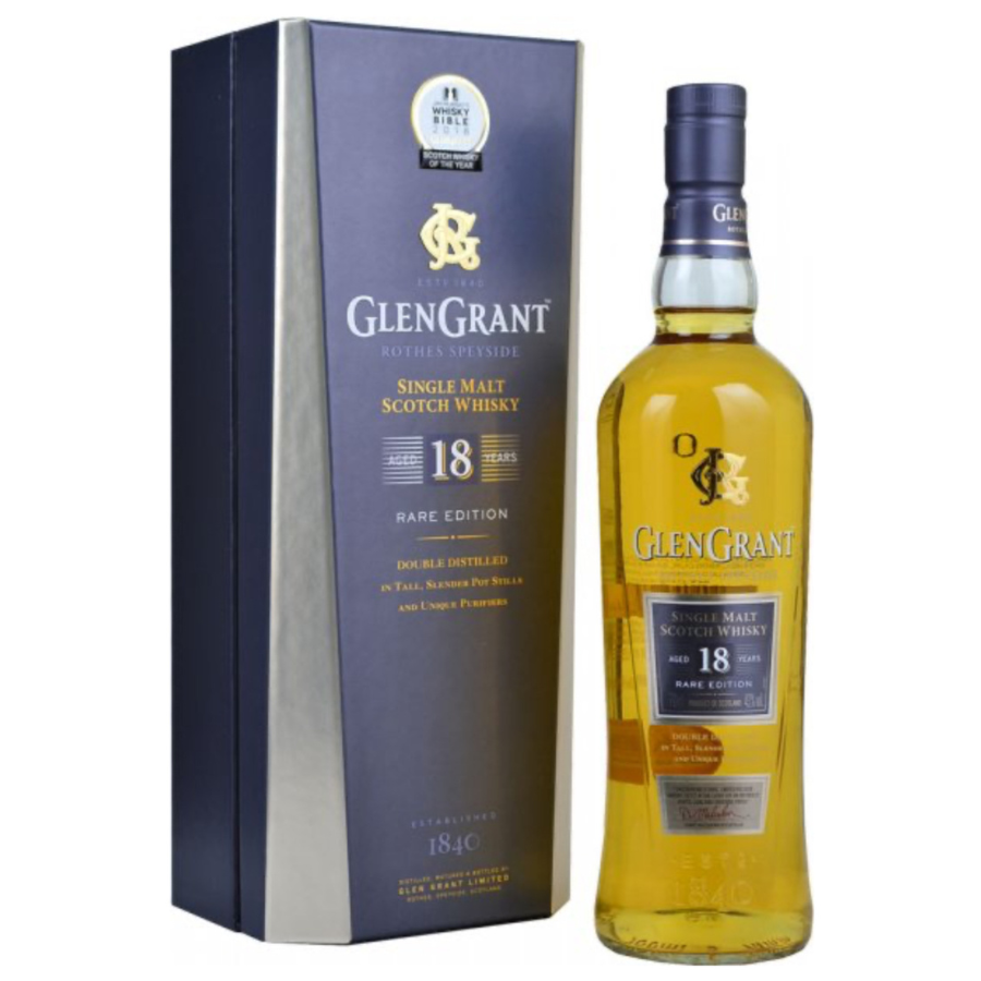 Glen Grant 18-year-old single malt Scotch whisky bottle and box on a white background
