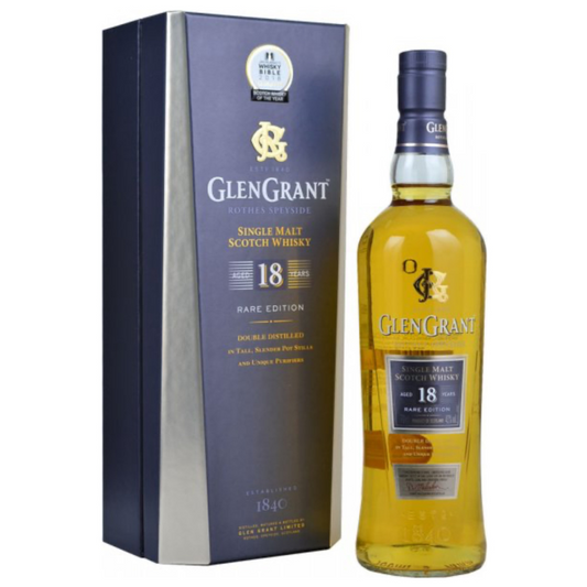 Glen Grant 18-year-old single malt Scotch whisky bottle and box on a white background