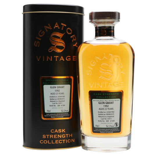 Glen Grant 1992 Signatory Cask Strength 23 Year Old with packaging on a white background