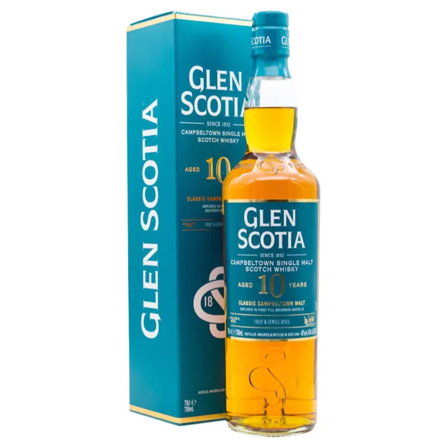 Glen Scotia 10-year-old whisky bottle and packaging on a white background