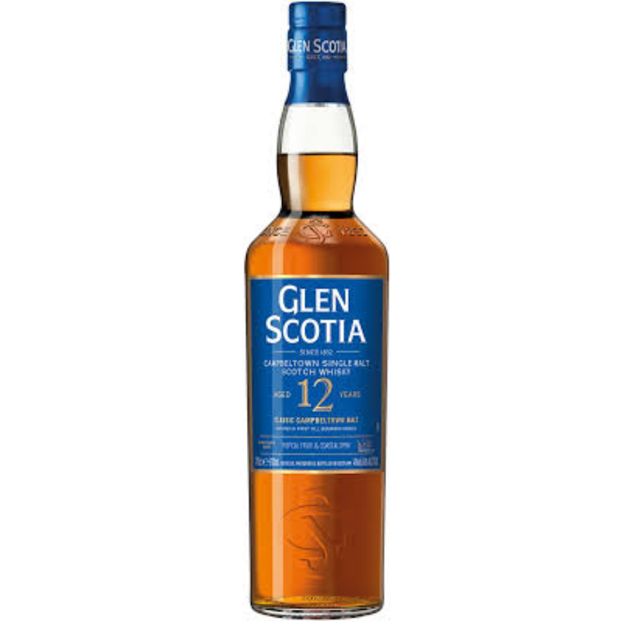 Glen Scotia whiskey bottle with blue label on a white background