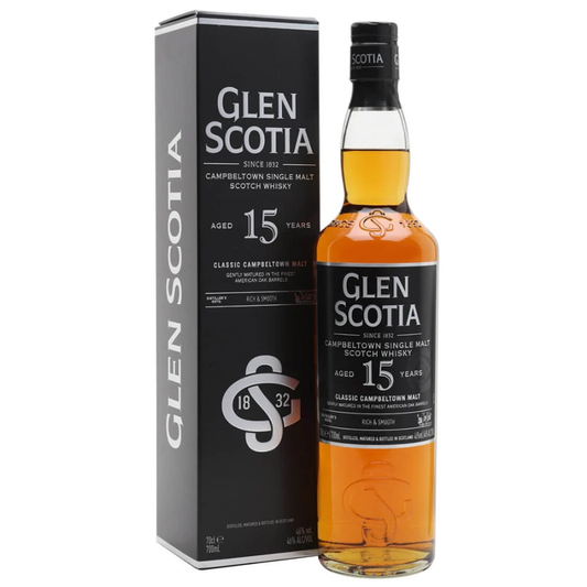Glen Scotia 15-year-old whisky bottle and packaging on a white background