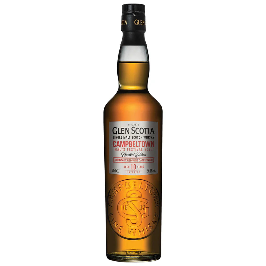 A bottle of Glen Scotia Festival 2021 single malt Scotch whisky with a label indicating its age and the event it was released to celebrate.