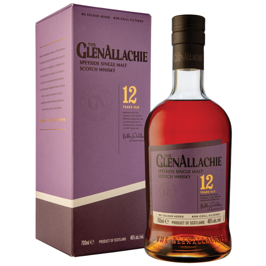 GlenAllachie 12-year-old whisky bottle and box on a white background