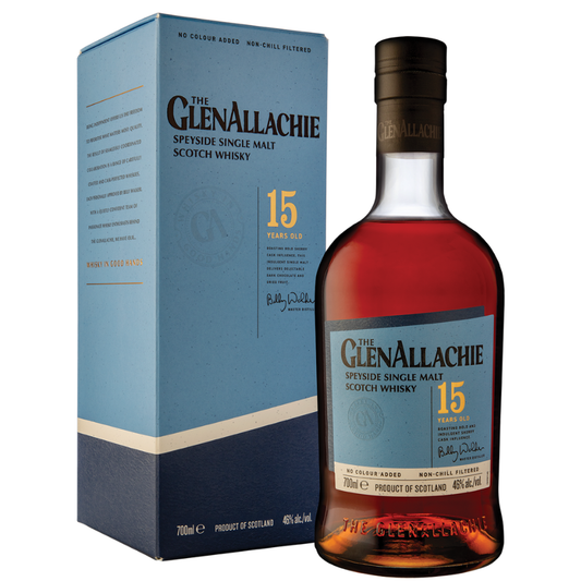 GlenAllachie 15-year-old single malt Scotch whisky bottle and box on a white background