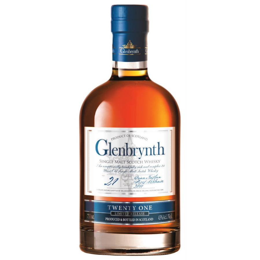 Glenbrynth 21-year-old single malt Scotch whisky bottle on a white background