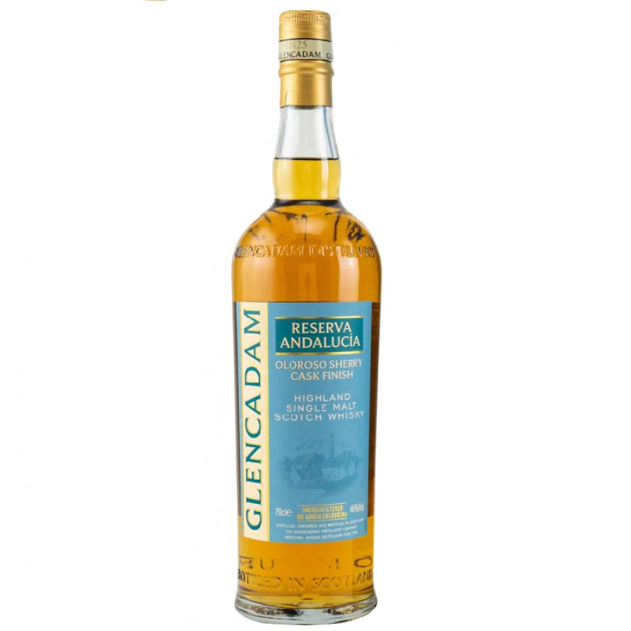 Bottle of Glencadam Reserva Andalucía whisky on a white background