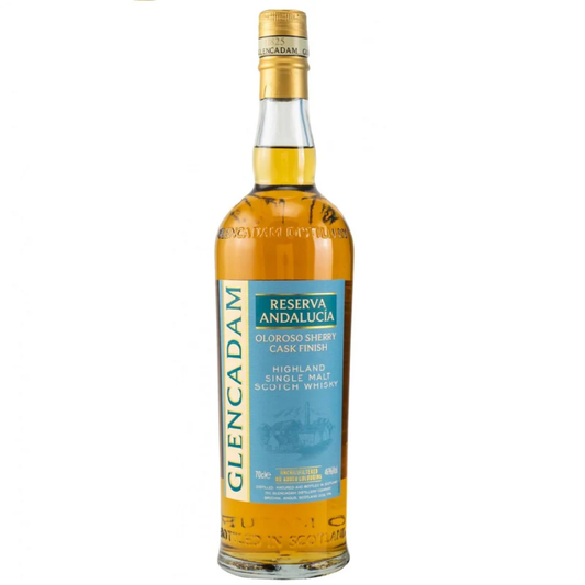 Bottle of Glencadam Reserva Andalucía whisky on a white background