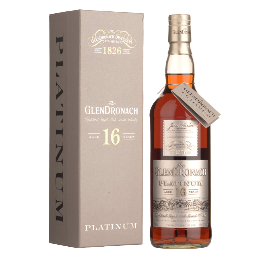 Glendronach 16-year-old whisky bottle and box on a white background