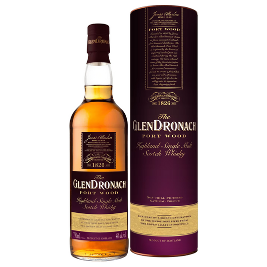 GlenDronach Port Wood whisky bottle and packaging on a white background