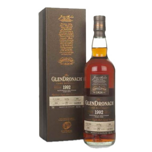 Glendronach 27 Year Old 1992 GAS & Abbey Whisky and box in the white background