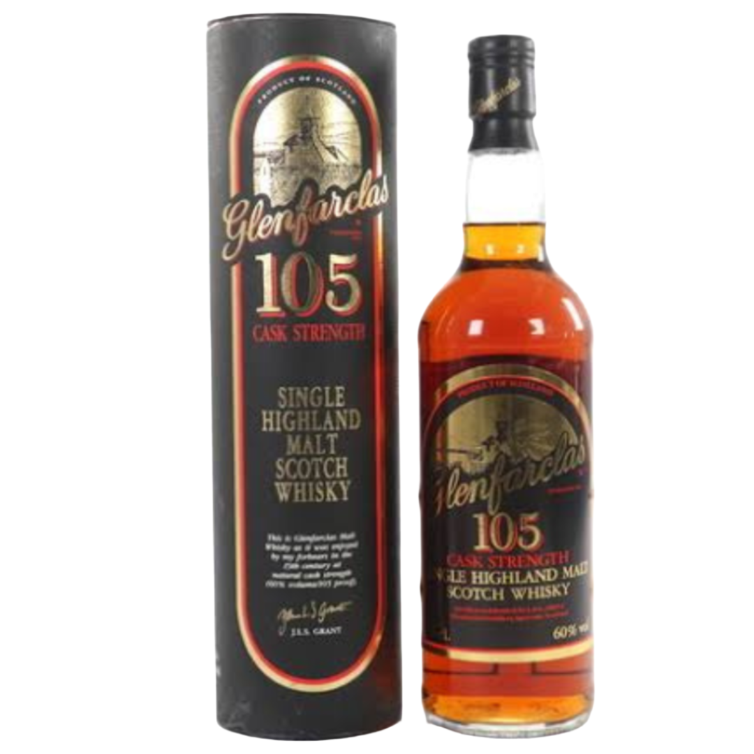 A bottle of Glenfarclas 105 cask strength single Highland scotch whisky with a black label, displayed next to its packaging box.