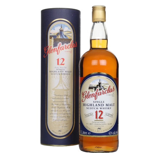 Glenfarclas 12-year-old single highland malt Scotch whisky bottle and packaging on a white background