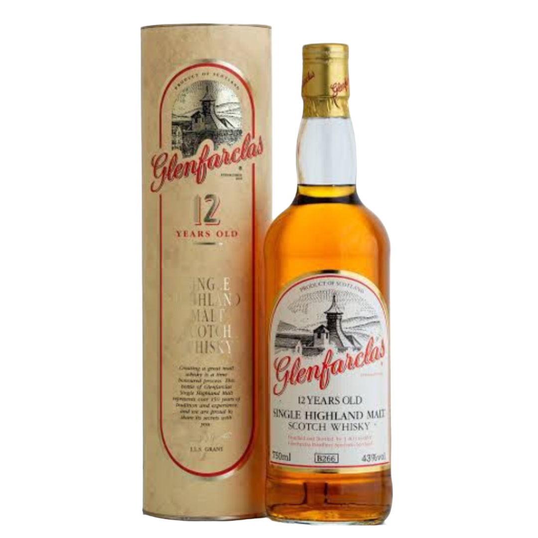 Glenfarclas 12 year old single malt Scotch whisky bottle in original packaging, displaying the label and branding, with a visible golden cap.