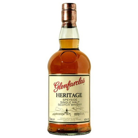 Glenfarclas Heritage Speyside Single Malt Scotch Whisky bottle on a white background