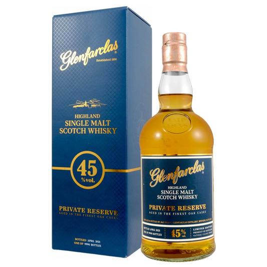 Glenfarclas Private Reserve Highland Single Malt Scotch Whisky bottle and box on a white background