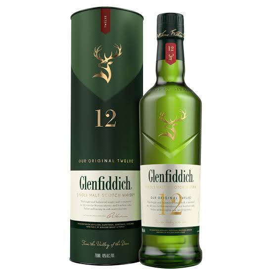 Glenfiddich 12-year-old whisky bottle and packaging on a white background