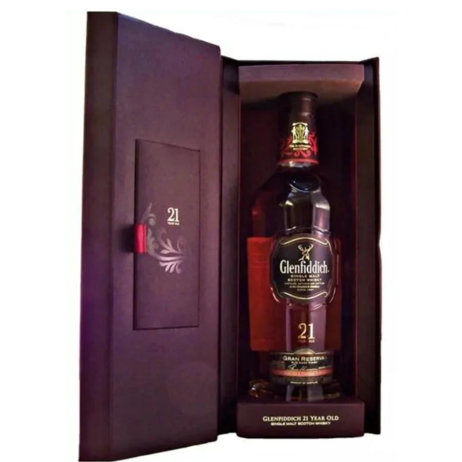 Glenfiddich 21-year-old whisky bottle in a decorative box on a white background