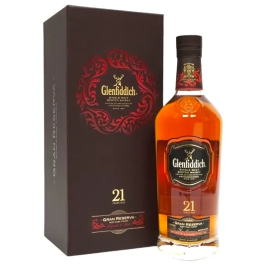 Glenfiddich 21-year-old whisky bottle and box on a white background