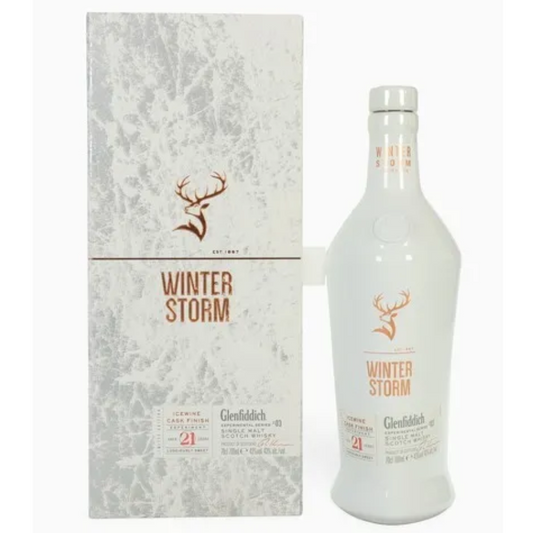 Glenfiddich Winter Storm whisky bottle and packaging on a white background