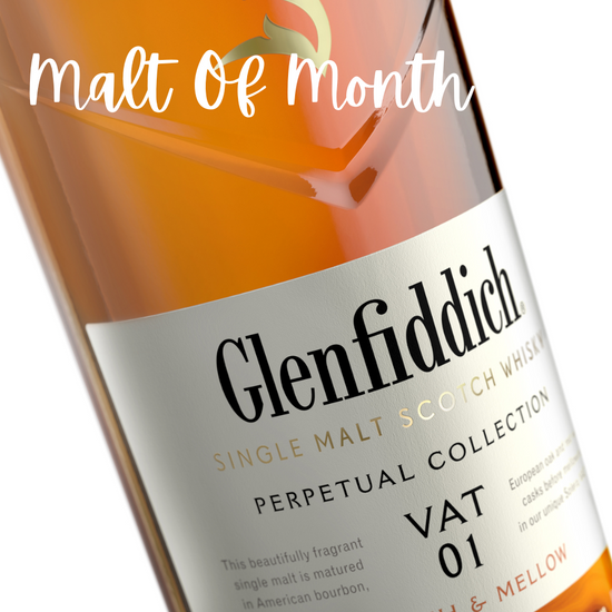 Glenfiddich whisky bottle with 'Malt of Month' text on a white background
