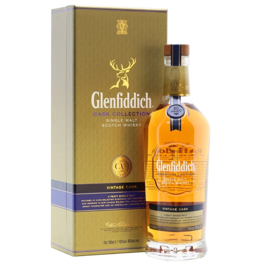 Glenfiddich vintage cask whisky bottle and packaging on a white background