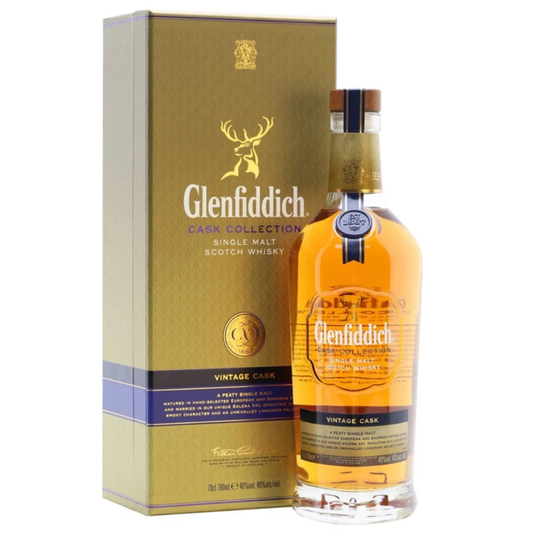 Glenfiddich vintage cask whisky bottle and packaging on a white background