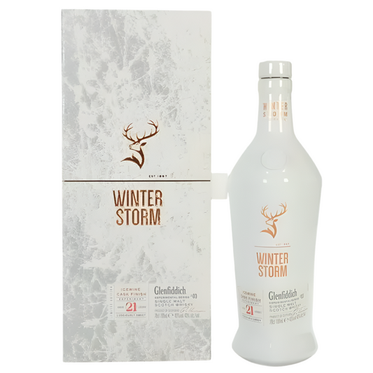 Glenfiddich Winter Storm bottle and packaging on a white background