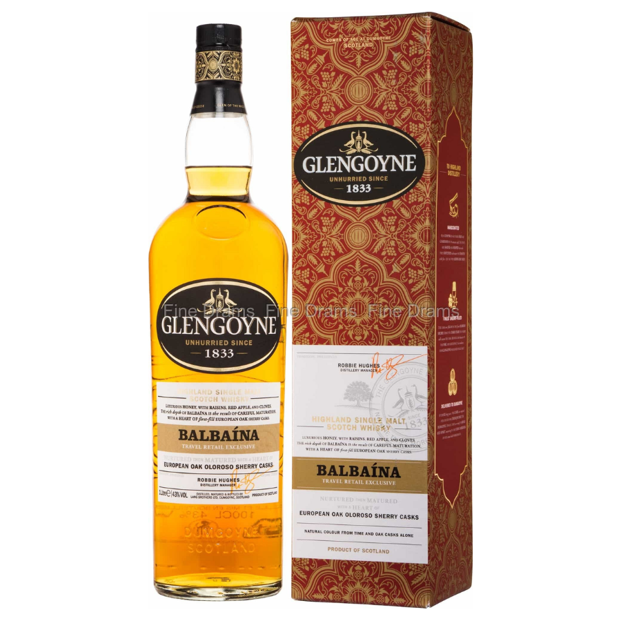 Glengoyne Balbaina whisky bottle and packaging on a white background