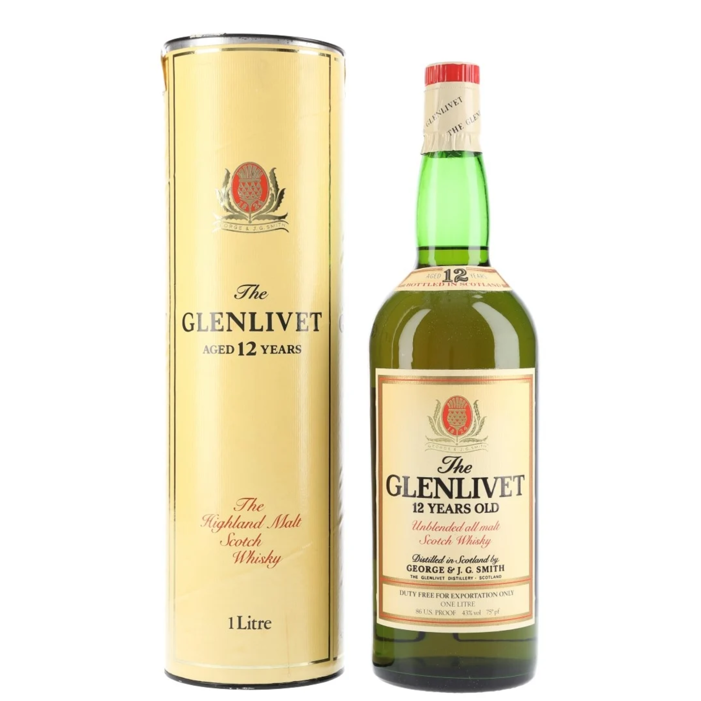 The Glenlivet 12 years old whisky bottle and packaging on a white background