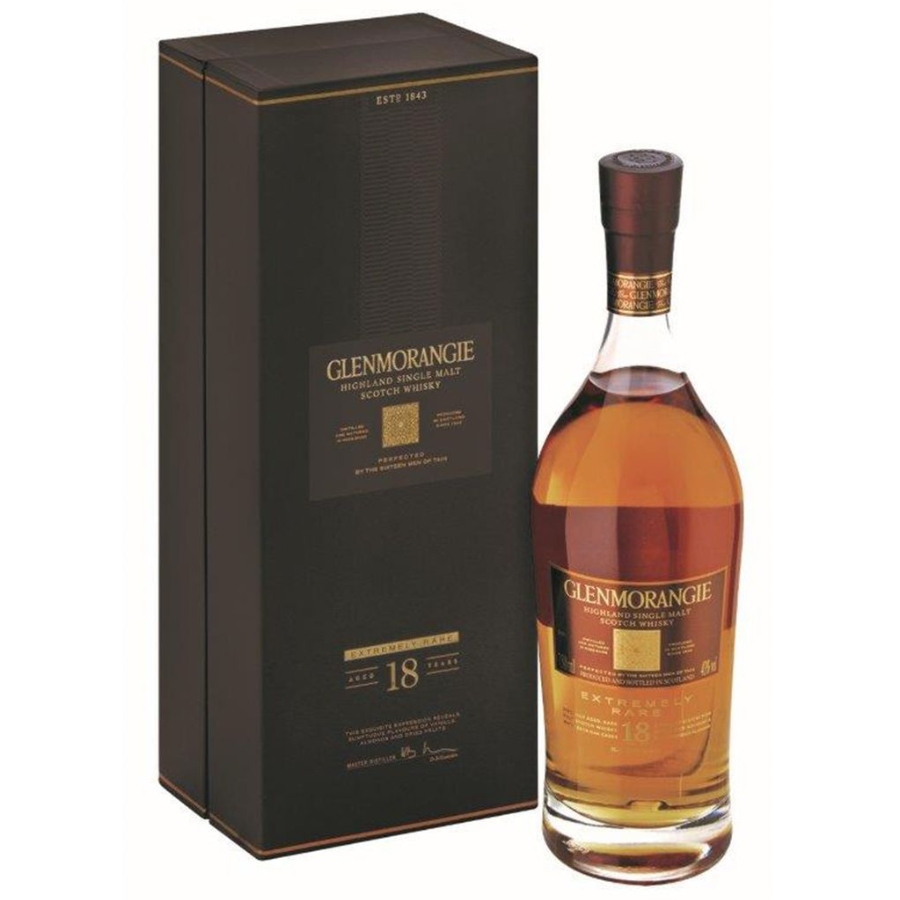 Glenmorangie extremely rare 18yo whisky bottle and packaging on a white background