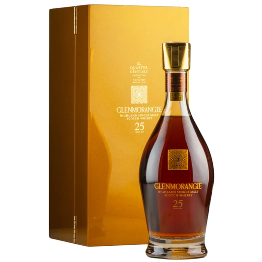 Glenmorangie 25-year-old whisky bottle with box on a white background