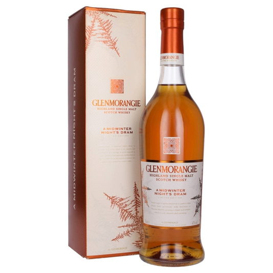 Glenmorangie midwinter nights dram whisky bottle and box on a white background