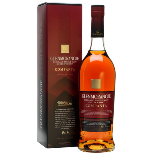 Glenmorangie Companta whisky bottle and box on a white background
