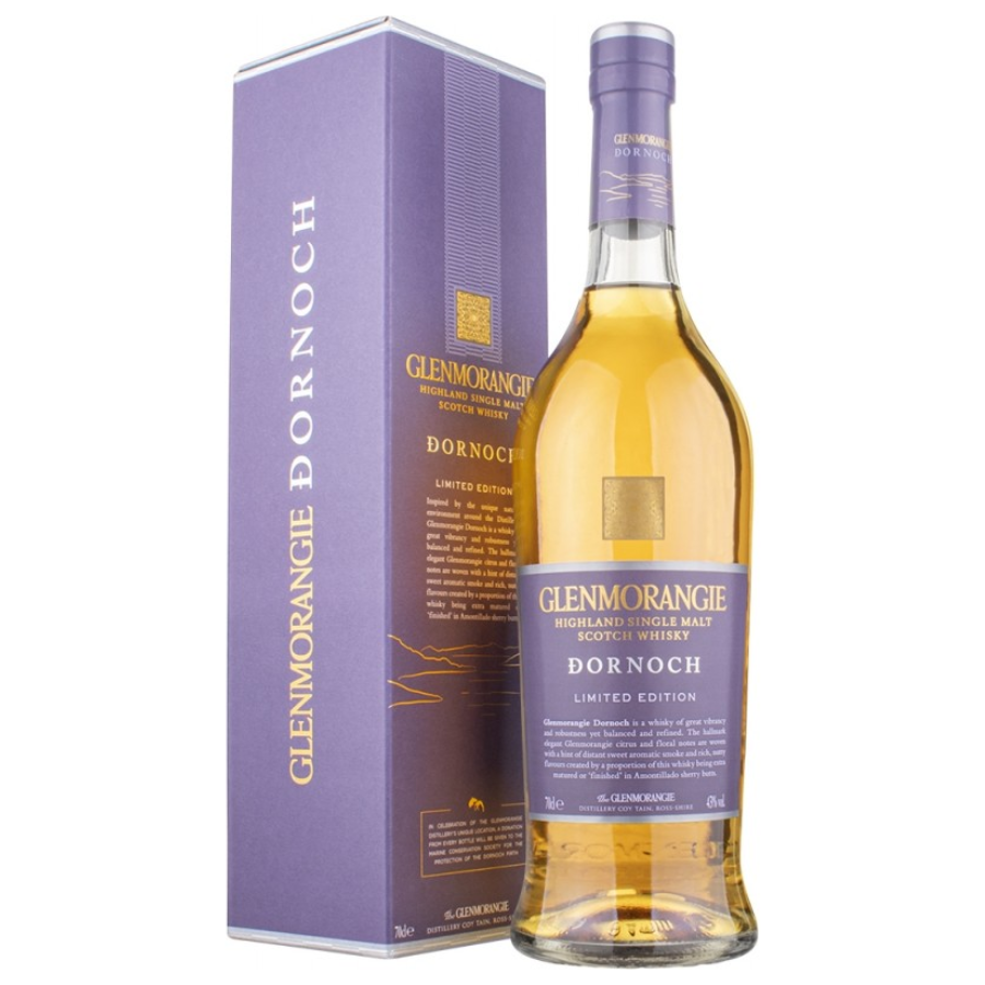 Glenmorangie Dornoch whisky bottle and box on a white background