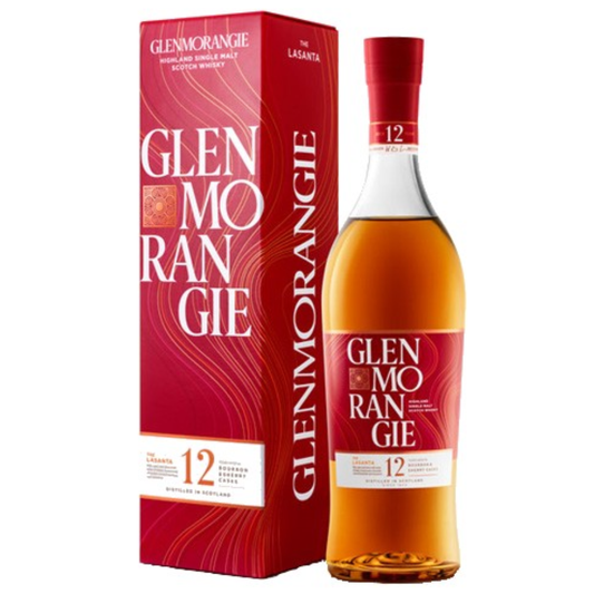 Glenmorangie lasanta 12yo whisky bottle and box on a white background