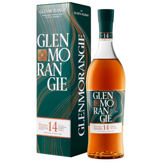 Glenmorangie Quinta Ruban 14 yo whisky bottle and packaging on a white background
