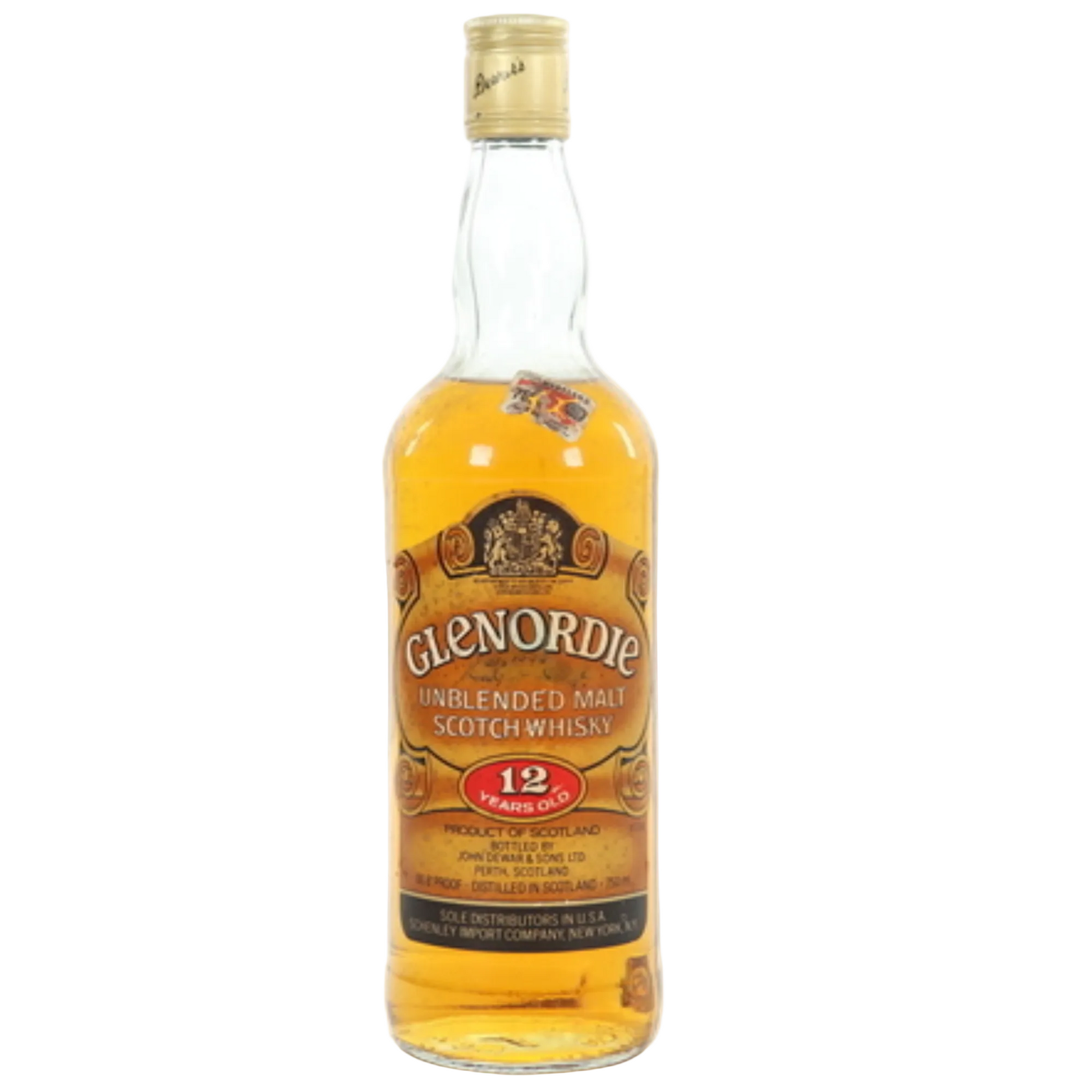 Glenordie unblended malt scotch whisky bottle on a white background