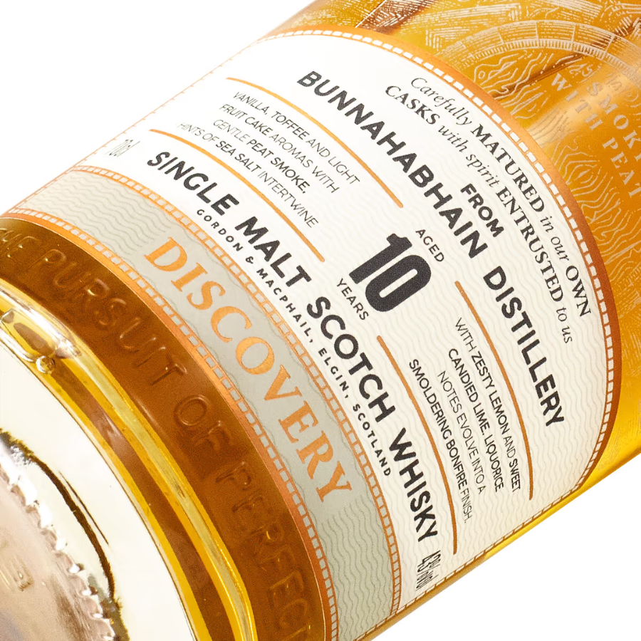 Bottle of Bunnahabhain Scotch Whisky with label showing '10 years' and 'Single Malt Scotch Whisky'.