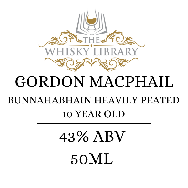 Gordon MacPhail Bunnahabhain Heavily Peated whisky label on a white background