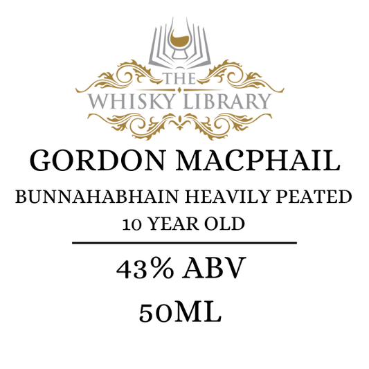 Gordon MacPhail Bunnahabhain Heavily Peated whisky label on a white background