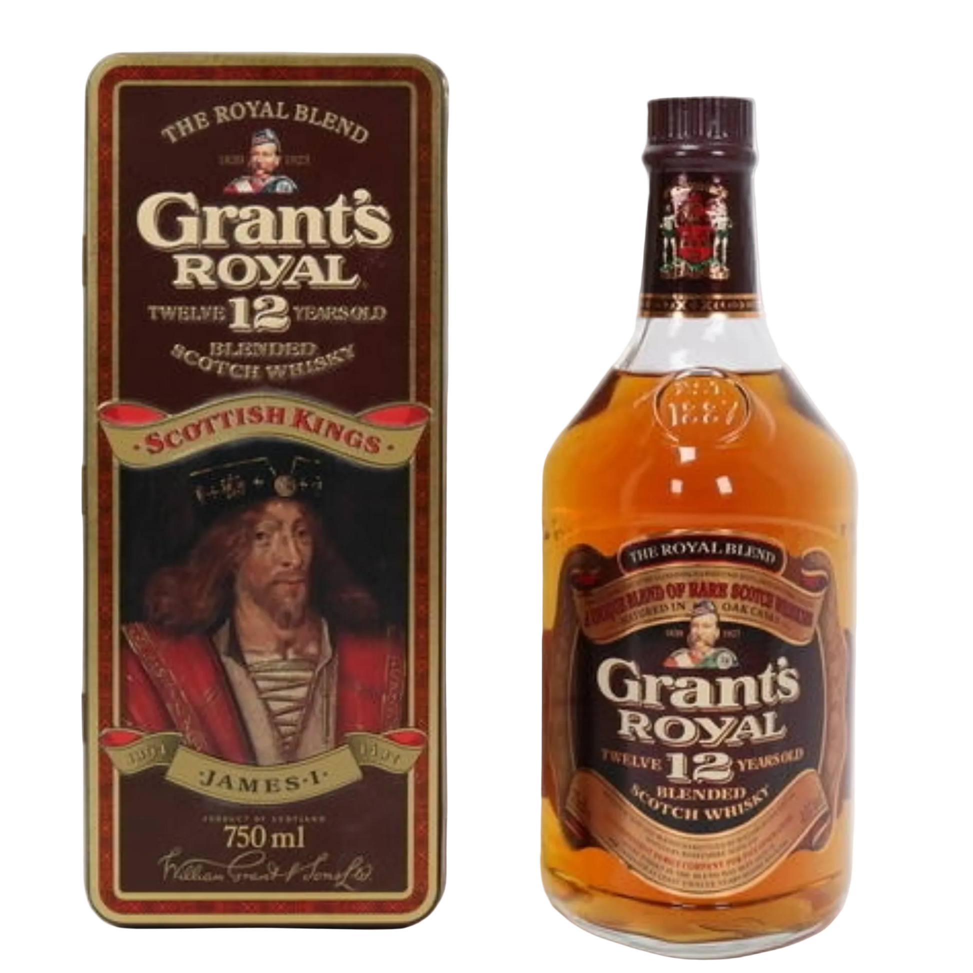 Grant's Royal 12-year-old blended Scotch whisky bottle and packaging on a white background