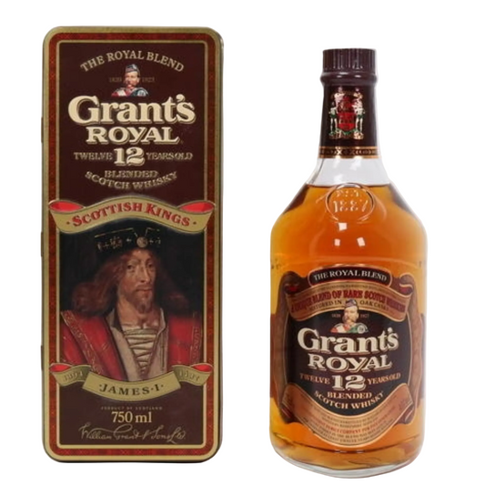 Grant's Royal 12-year-old blended Scotch whisky bottle and packaging on a white background