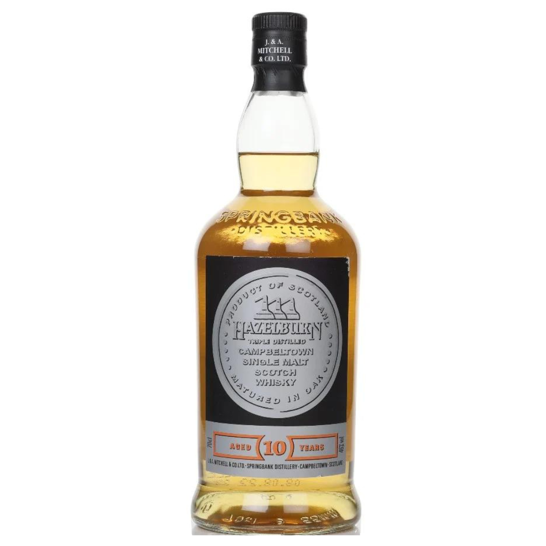 A bottle of Hazelburn 10 year old single malt Scotch whisky from Springbank distillery.