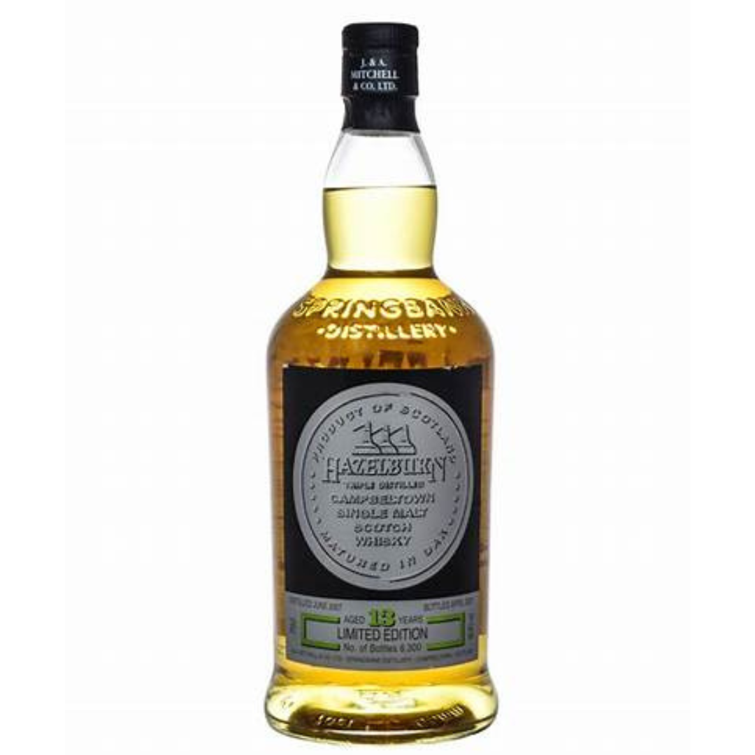 A bottle of Hazelburn 13 Ltd Ed 2021 single malt Scotch whisky from Springbank distillery, with a label indicating its limited edition status and alcohol by volume.